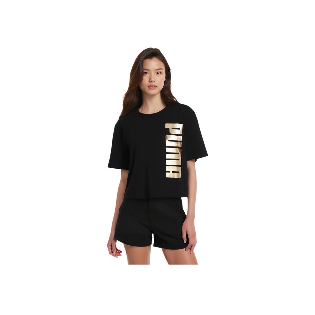 Puma Letter Logo Print Round Neck Short Sleeve T-Shirt Women Tops Black 587588-01
