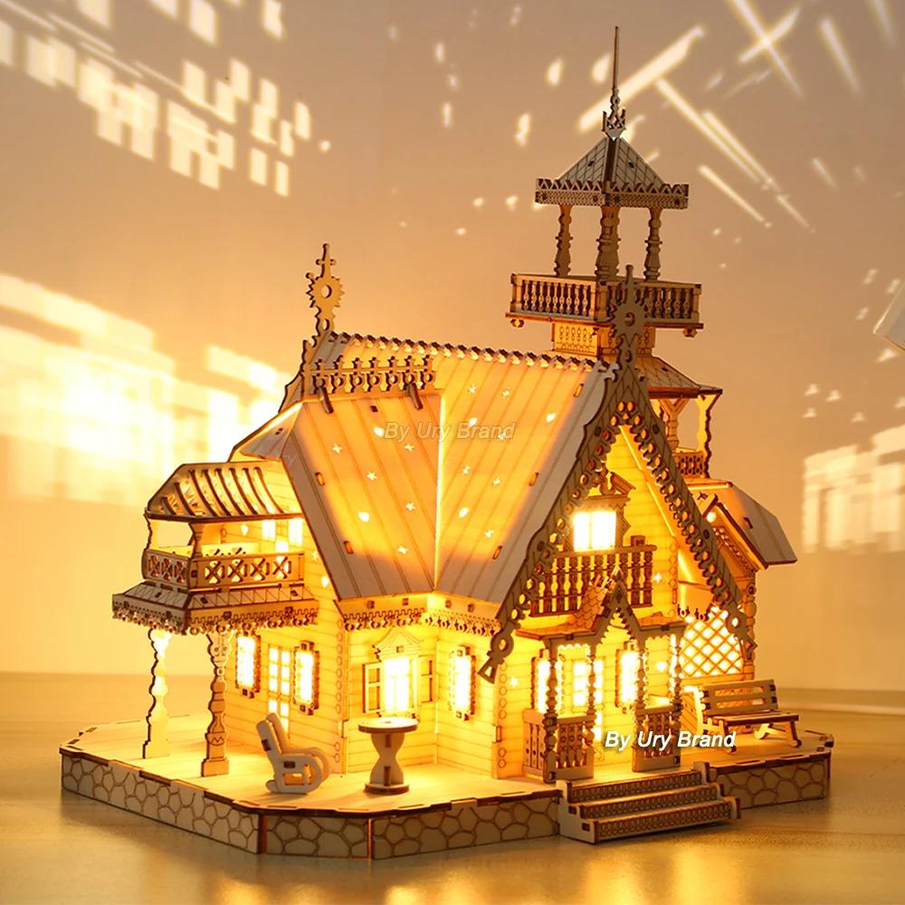 1PC 3D Wooden Puzzle Villa House Royal Castle with Light Assembly Toy Kid Adult DIY Model Kits Desk Decoration for Gift