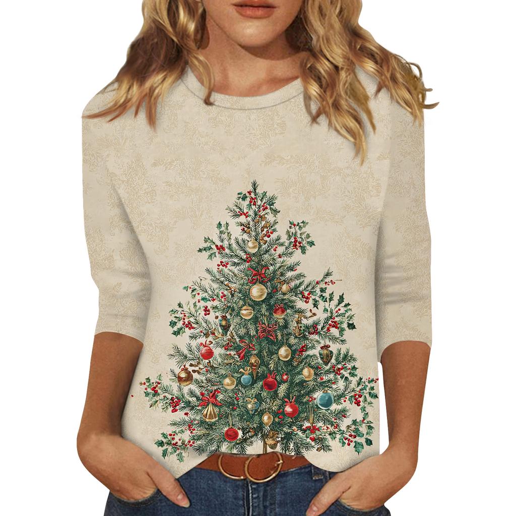 Women's Fashion Casual Christmas Printed Round Neck Long Sleeve Pullover Top