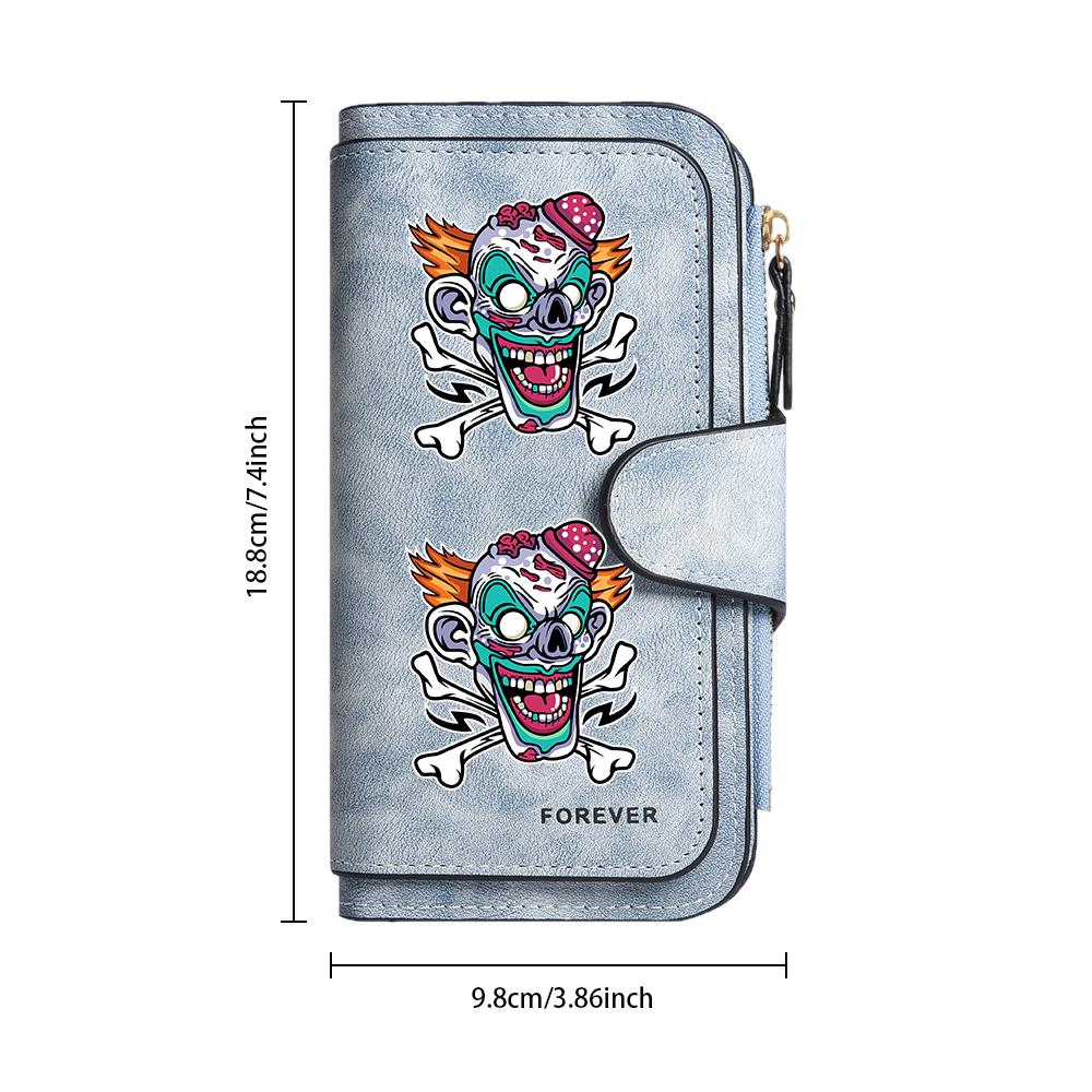 Gothic Clown Print Long Wallet Cool Punk Leather Card Holder Fashion Casual Portable Zipper Purse for Daily Use