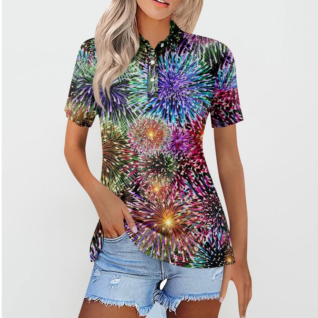 Kvinners uformelle blomstertrykk V-hals kortermet dekorativ knapp T-skjorte topp