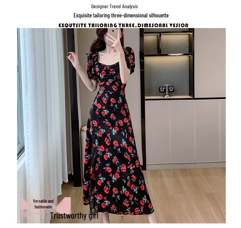 Summer 2024 French Square Neck Rose Print Dress - Gentle Style