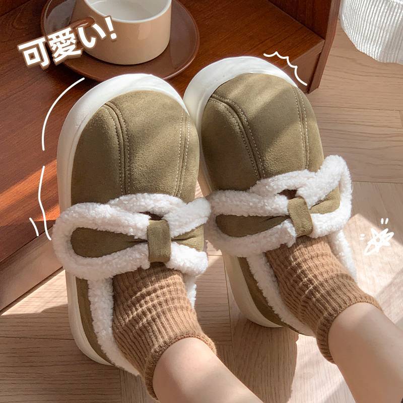 Winterliche Hausschuhe aus Baumwolle mit Schleife, dicker Sohle und Samtsohle, warm und bequem für drinnen und draußen.