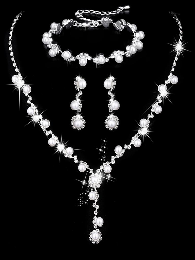 Set de 4 piezas de joyería para novia, collar de perlas y pedrería, pendientes, pulseras, accesorios para vestido de cena