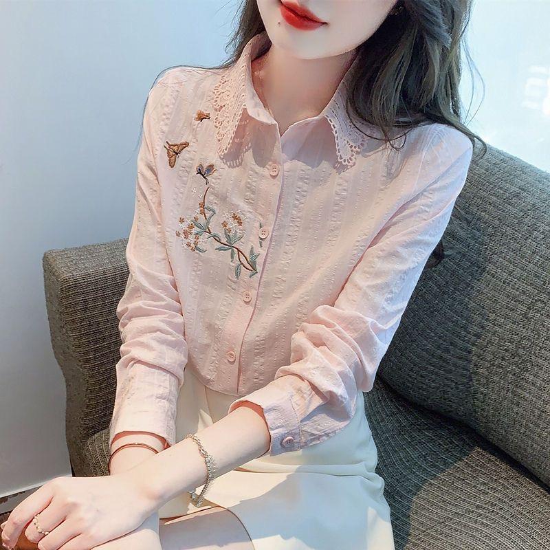 Embroidery Women Spring Summer Blouses Shirts Lady Casual Long Sleeve Turn-down Collar Solid Color Blusas Tops