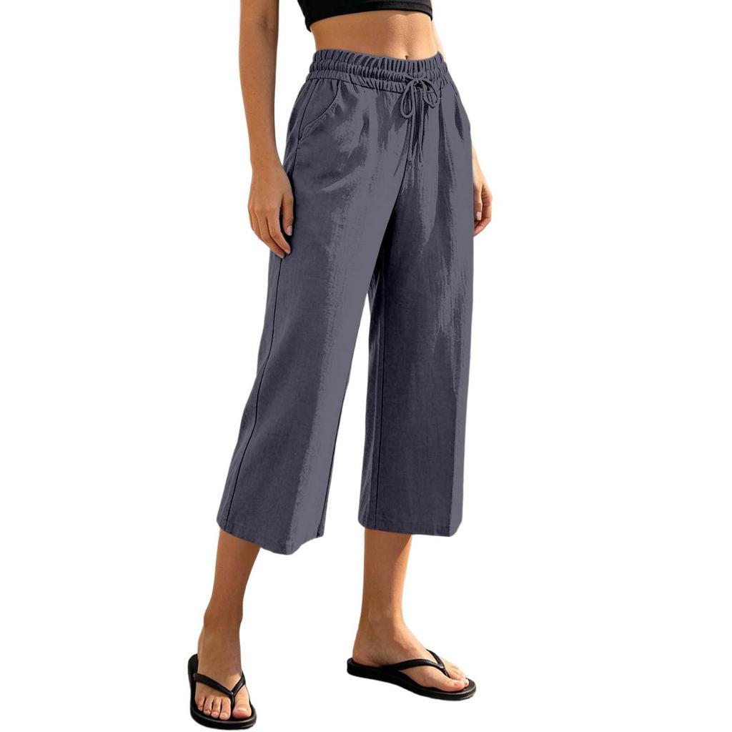 Women Drawstring Waist Loose Fit Cotton Linen Cropped Pants with Back Pocket Relaxed Fit Casual Seven Eighths Trousers for Daily Wear