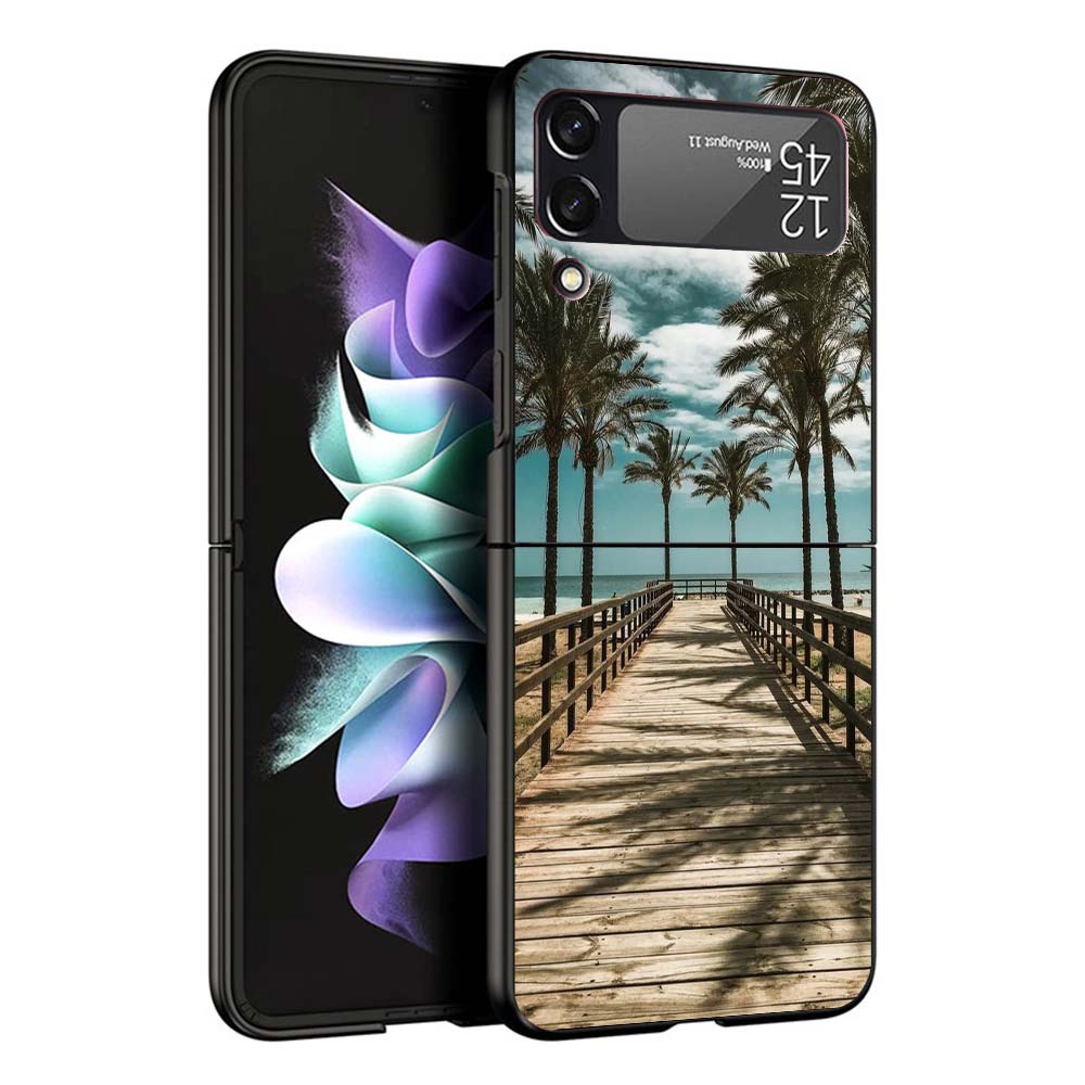Summer Beach Sunset Sea Palm Tree Black Cover for Samsung Galaxy Z Flip 7 6 5 4 3 5G Phone Case Flip7 Flip6 Flip5 Flip4 Flip3 Pa