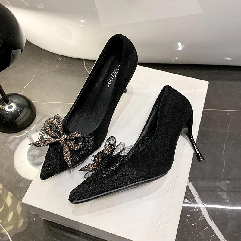 Schuhe Damen 2025 Flache Damen High Heels Neu Schleife Büro und Karriere Sexy Spitzzehe Übergröße Absätze Damen