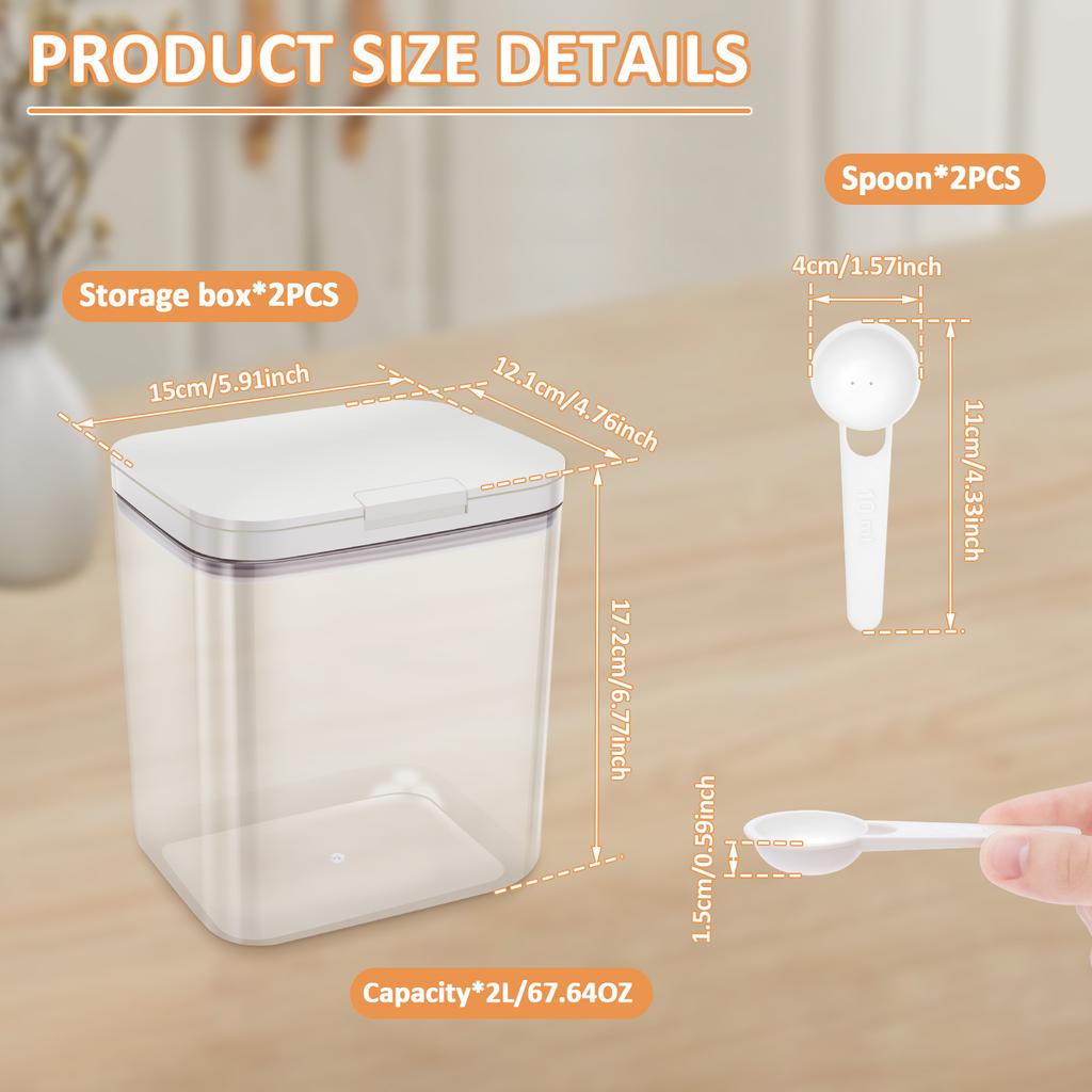 2Pcs Airtight Food Storage Container Set with Spoons 2L Cereal Dispenser Grain Tank Moisture-Proof Mold Proof Kitchen Sealed Jar