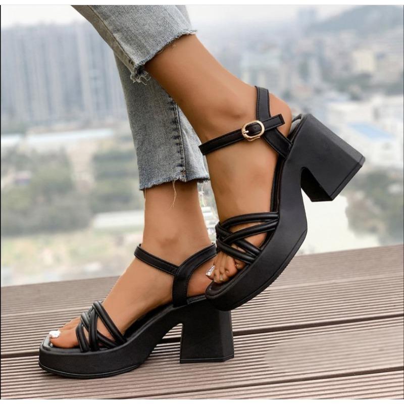 Sandalen mit dickem Absatz für Damen Schuhe Sommer Draußen 2025 Neu Knöchelschnalle Wasserdichte Plateau-Kreuzriemen High Heels Schwarz Weiß