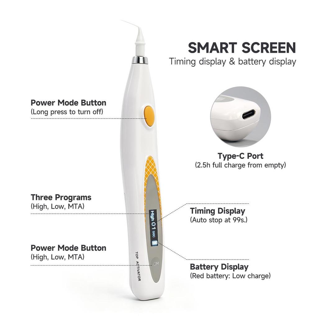 High Frequency Dental Ultrasonic Activator, 60Pcs Free Flexible Tips, 3 Programs for Root Canal Activation