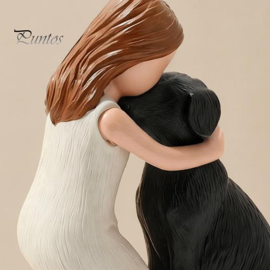 Figurina Ragazza che Abbraccia Cane in Resina Fatta a Mano, Scultura Compagno Animale Domestico Dipinta a Mano, Figurina Commemorativa Marrone Nero Ornamento da Scrivania, Ricordo