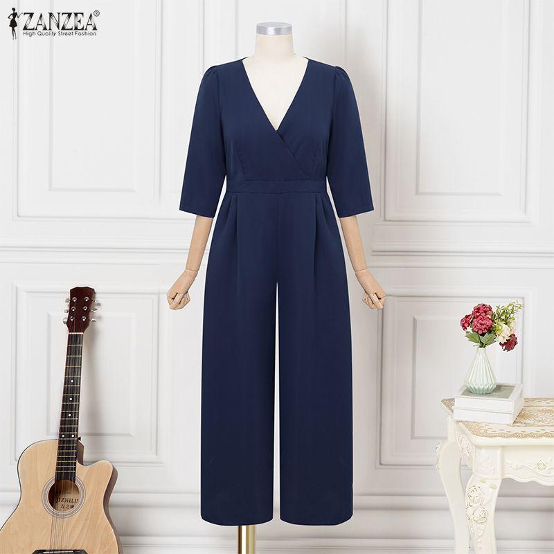 ZANZEA Damen Lässiger V-Ausschnitt 3/4 Ärmel Lockerer Langer Jumpsuit
