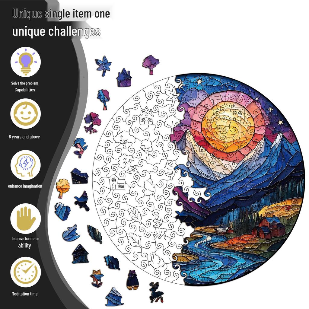 Wooden Mountain & River Jigsaw Puzzle: Unique Irregular Pieces, Piggy Bank Gift, Stress Relief Toy