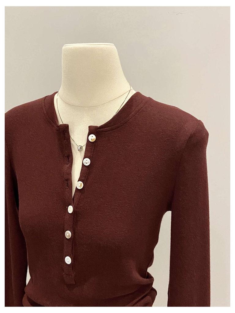 Women's Slim Fit Long Sleeve Henley Collar Mousse Cashmere Top for Spring/Autumn