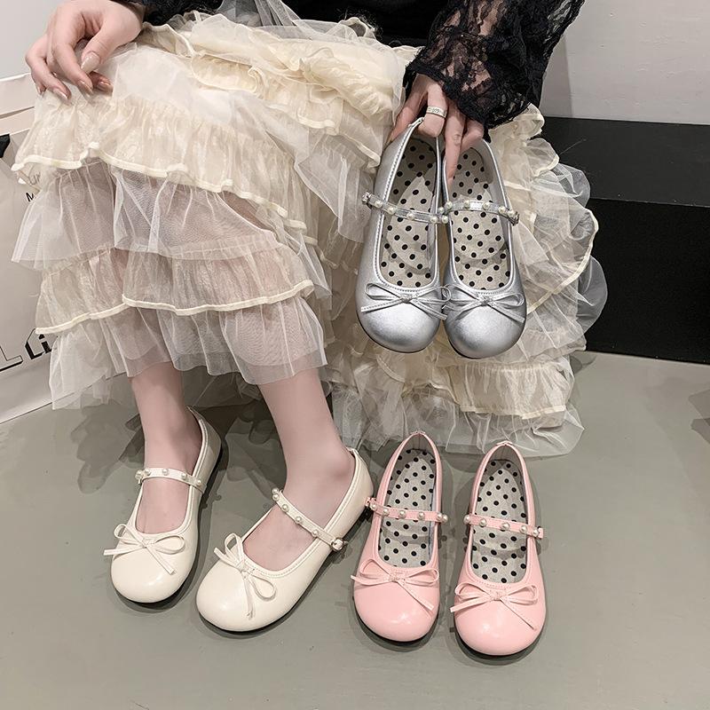 Chaussures plates pour femmes en cuir argenté rétro ballet français, petites, à semelles souples et confortables, chaussures simples rouges à bout rond Mary Jane