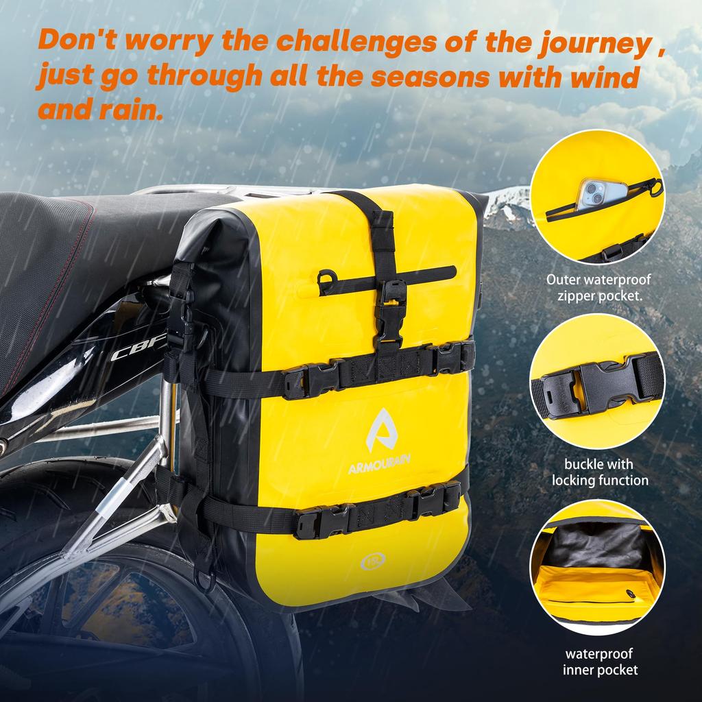 ARMOURAIN Wasserdichte Motorrad-Sitzbanktasche, 15L - Motorrad-Seitentasche, Dry Bag, Werkzeugtasche, Schutzbügeltasche (PVC Gelb, 15L)