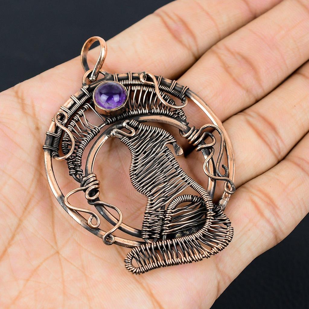 Ametystowy kamień szlachetny czysta miedź drut owinięty ręcznie zawieszka biżuteria