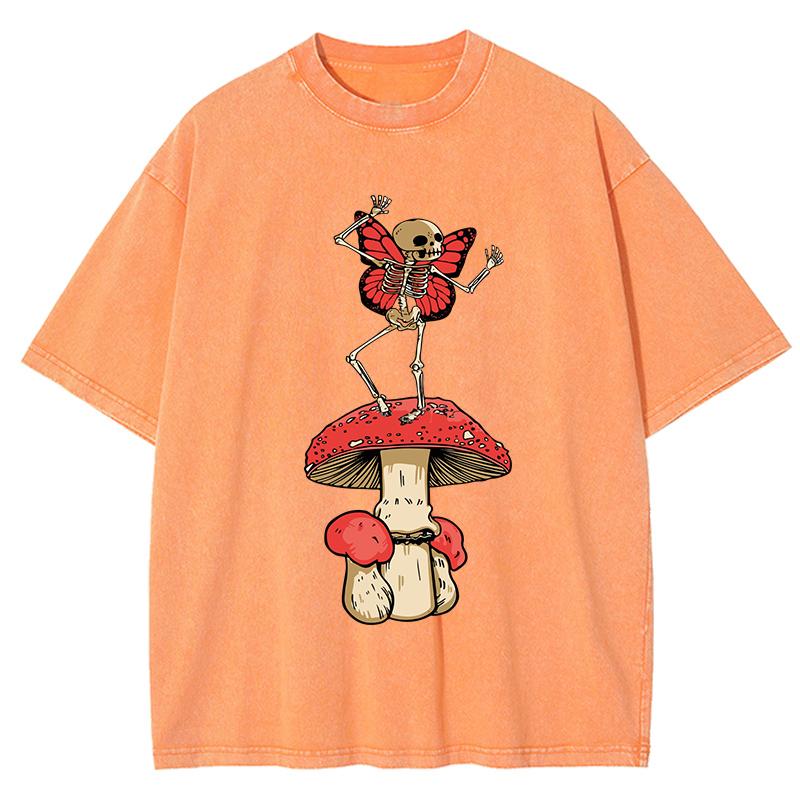 Dancing Mushroom Skeleton Fairy Print Washed T-Shirt Women Summer Casual T Shirts Cotton Streetwear Loose Clothes