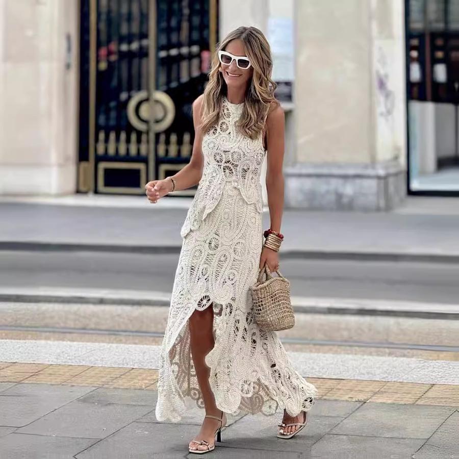 New Hollow Lace Irregular Backless Vest Top & Half Skirt Set