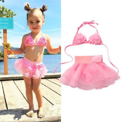 2Pcs Baby Summer Swimwear, Solid-Color Hanging-Neck Floral Top + Tutu Skirt