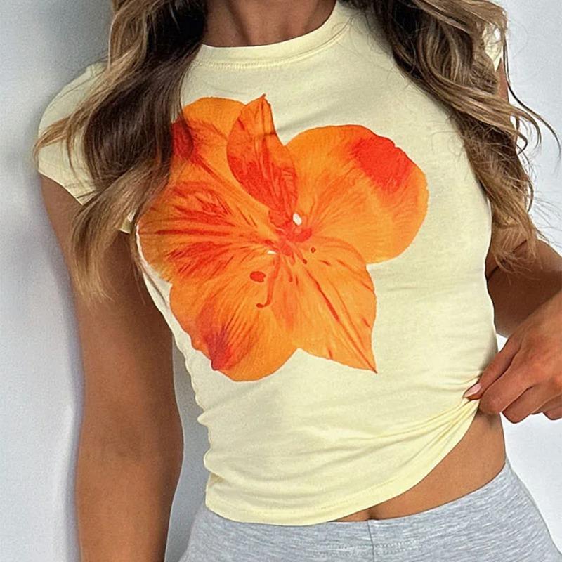 

Women s Slim Waist Flower Printed T-shirt Summer Casual Short Sleeve Fashion Short Blouse O Neck Simple Sweet Ladies Shirts Basic Tops Simple Clothing XL жовтий