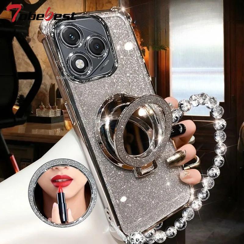 

Противоударный Кристальный Браслет с Блестящим Покрытием, Чехол-Подставка для Телефона с Зеркалом Magsafe для Huawei Honor 400 Lite 300 Ultra Pro Honor 300 Pro серебряный