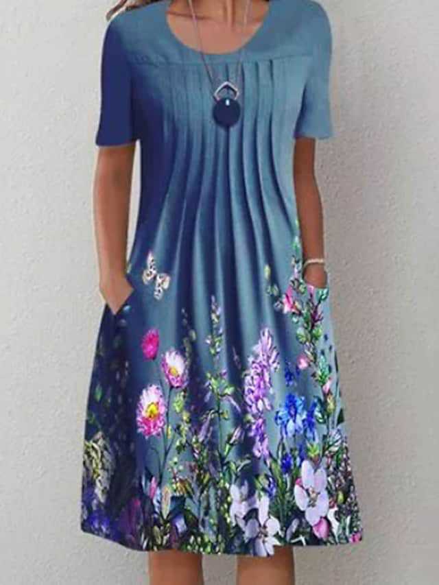 Spring and Summer Floral Print Crew Neck Pullover Medium and Long Dress Women's Clothing