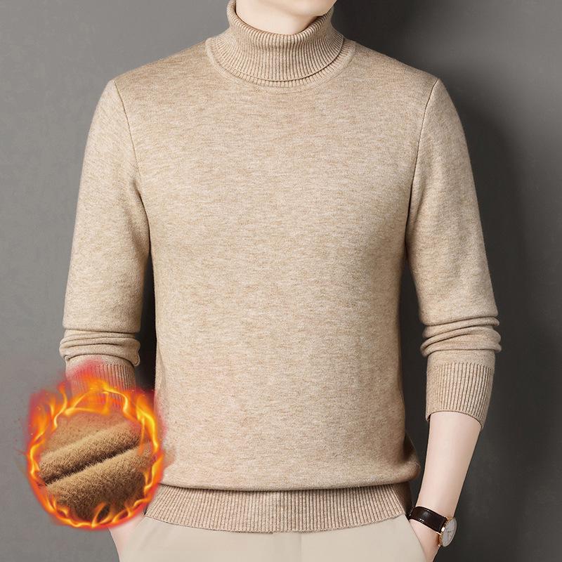 Men's Winter Warm Velvet High Neck Sweater - Solid Color Knit Pullover