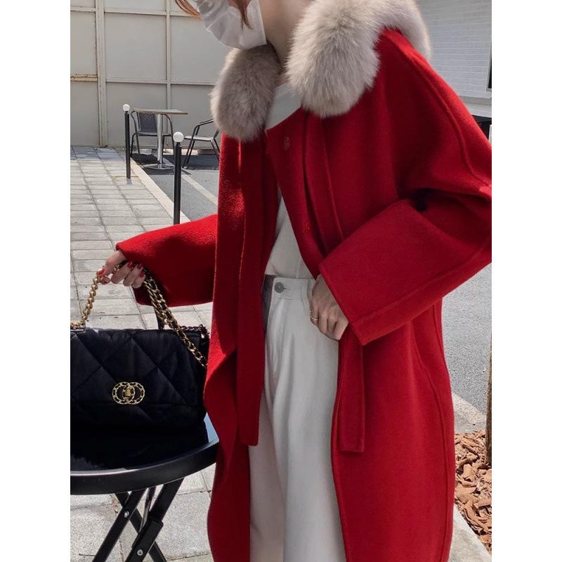 

Новое осенне-зимнее двустороннее кашемировое пальто со шнуровкой и меховым воротником для женщин, средней длины, с капюшоном, красное шерстяное пальто для женщин M (recommended 120-75kg) красный