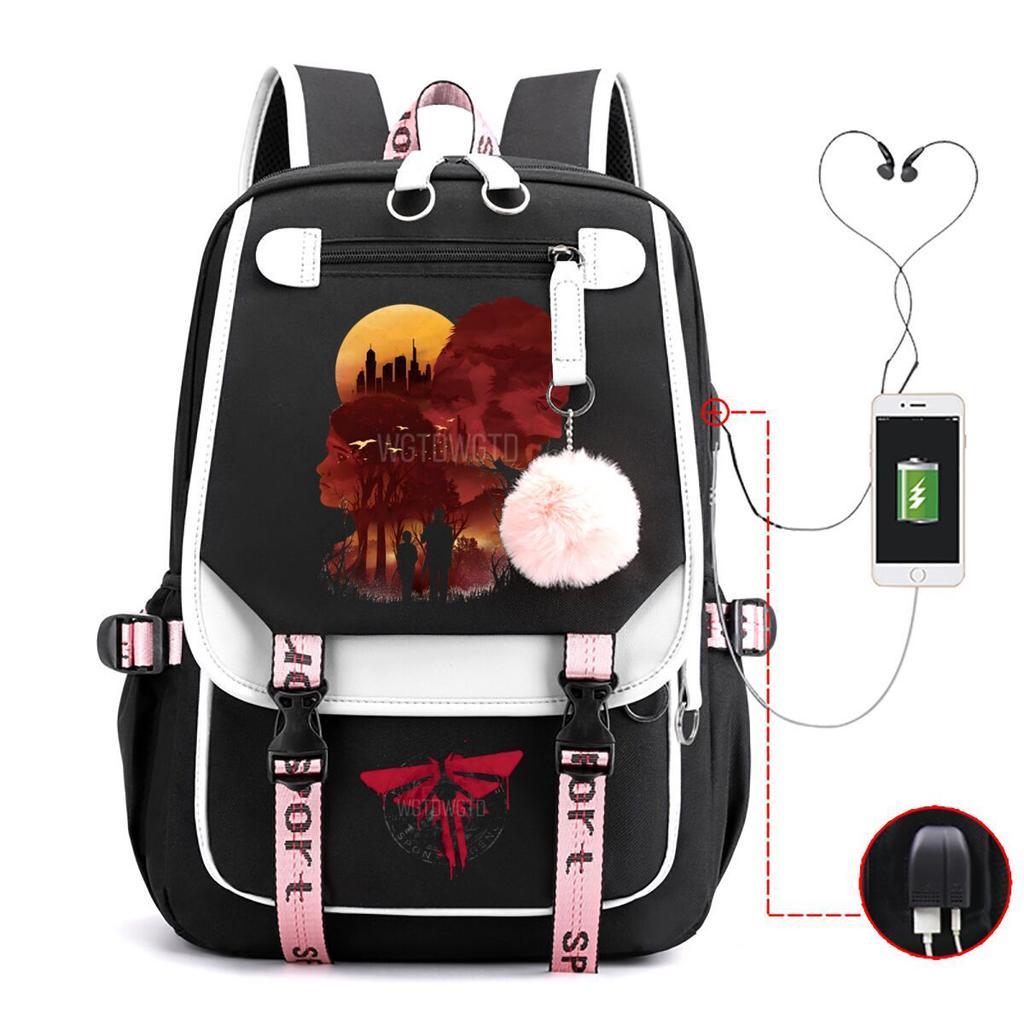 Trend Printing Student Casual Schoolbag Contrasting Color Neutral USB Backpack