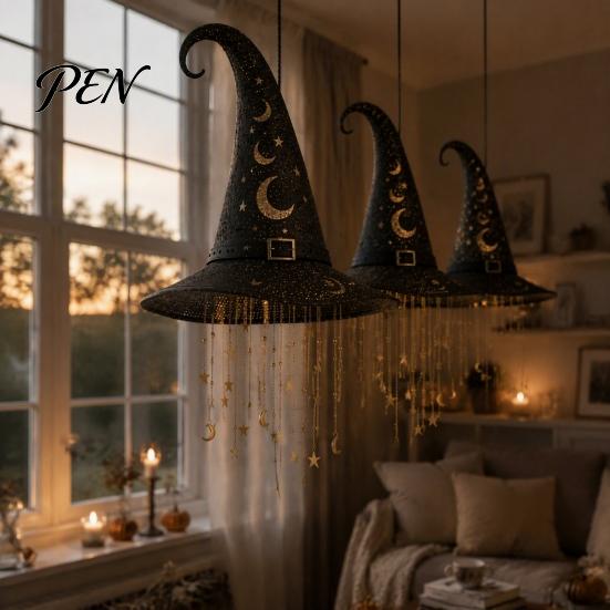 Lighted Outdoor Porch Decorations Light Up Witch Hat Hanging Lamp, Glowing Halloween Ornament with Twinkling Star String Lights Stars Moon,