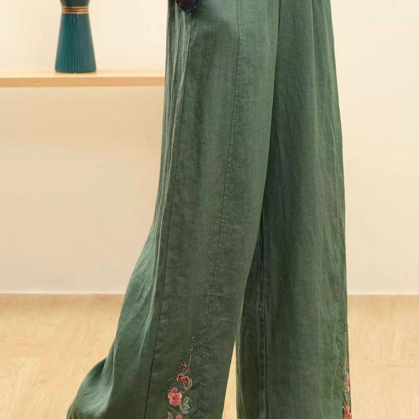 Women's Retro Embroidered Wide-Leg Cotton Linen Pants with Elastic Waist