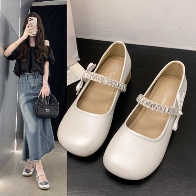 Vento de Fada Mary Jane sapatos de salto único feminino outono novo bico redondo com saia boca leve laço salto baixo sapatos pequenos de couro