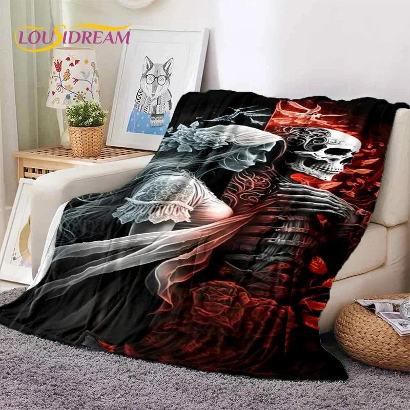 Totenkopf Totes Mädchen 3D Gothic Horror Weiblich Rose Weiche Flanelldecke für Betten Schlafzimmer Sofa Picknick, Überwurfdecke zum Zudecken Freizeit