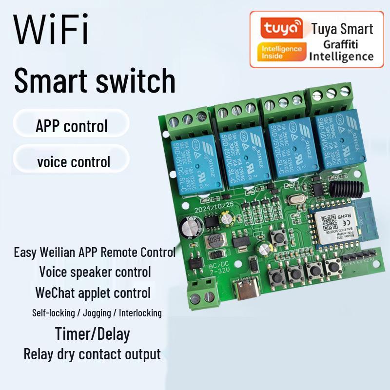 Graffiti Tuya 3-Mode WiFi Smart 4-Channel Power Switch Module with DC7-32V Circuit Breaker & Voice Control.