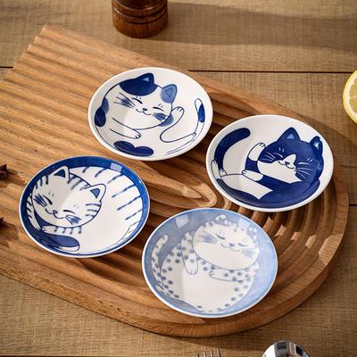 Juego de 4 platos de cerámica para salsa de postre, diseño de gato bonito, plato para salsa de soja, cuencos pequeños de estilo japonés para guarnición, vajilla de cocina