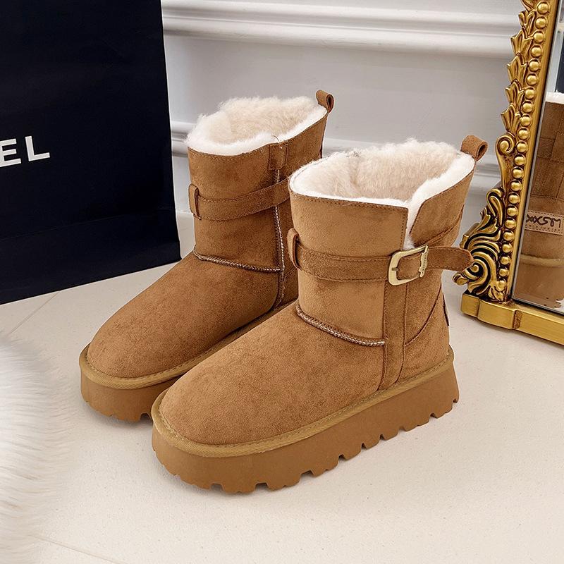 2025 winter two wear lapel thickened snow boots new thick-soled belt buckle thermal cotton shoes women's fluffy medium boots