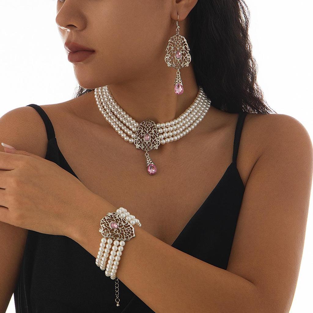 "European-American Square Rhinestone & Pearl Beaded Choker Necklace Set”