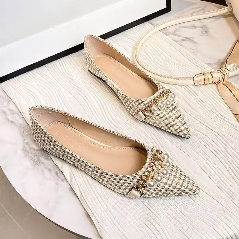 Fashion Office Pearl Chain Gingham Flat Pointed Toe Women's Shoes Ladies Footwear Flats Non Slip Korean Style Y2k Lastest on Spring Sale