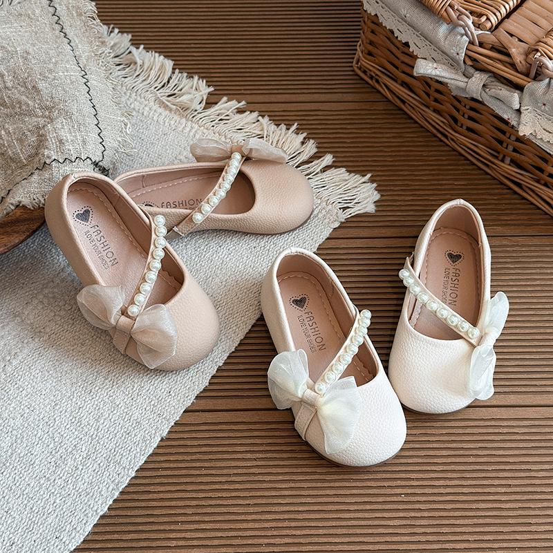 Frühling/Herbst 2026 Mädchen Quadratische Zehenpartie Perlen Schleife Prinzessin Schuhe - Weiche Sohle Rutschfeste Loafer