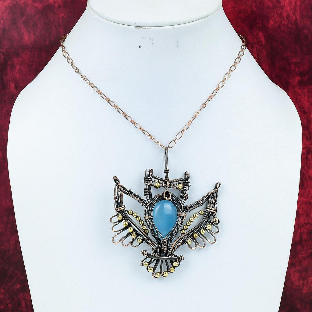 Aquamarine Pendant Copper Wire Wrapped Pendant Gemstone Copper Jewelry Handmade Pendant Owl Jewelry For Gifts Designer Pendant Wire Jewelry