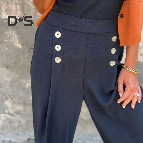 Women's Wide-Leg Pants High Waist Button Decorated Pants Casual Loose Fit Trousers for Daily Wear Travel Office