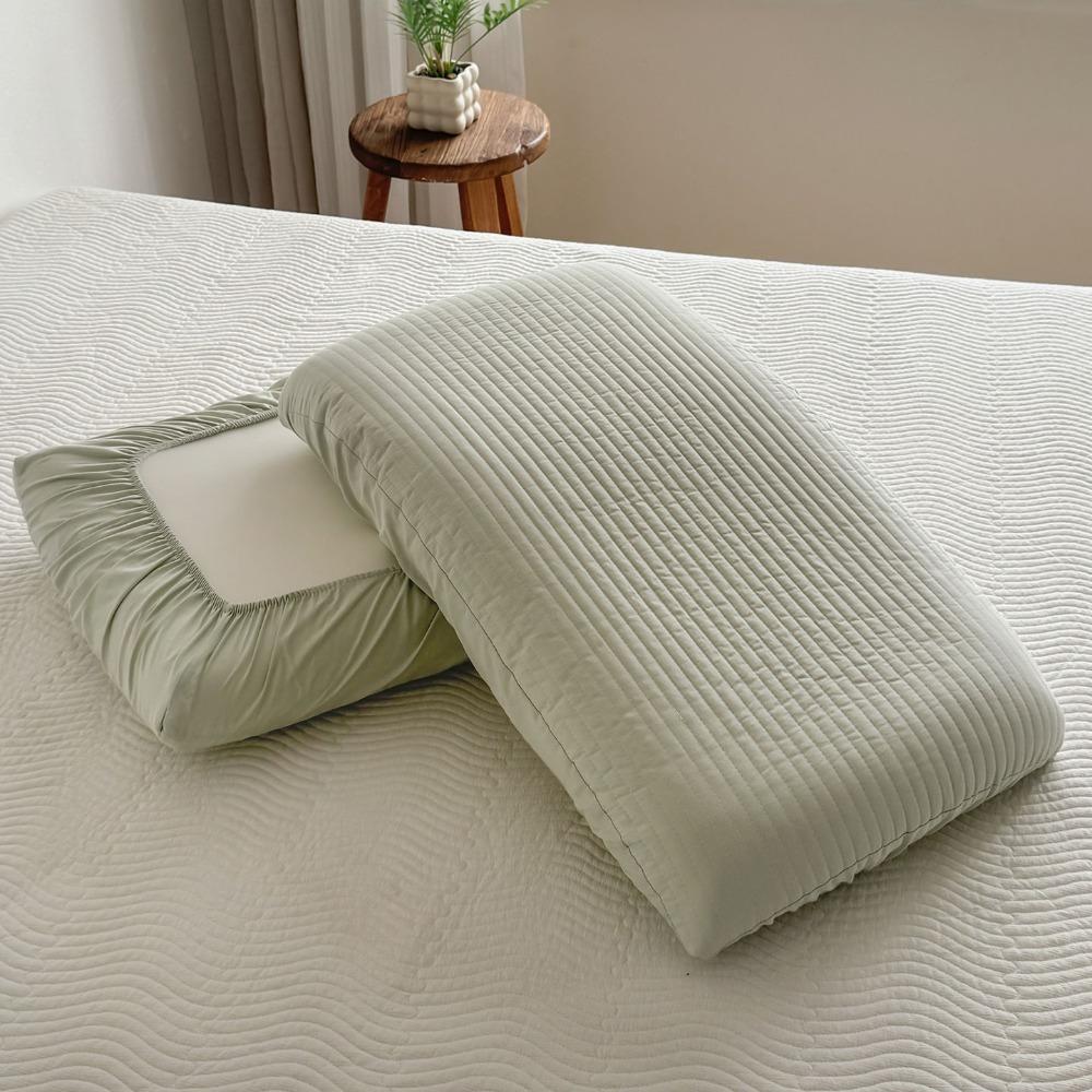 

Cotton Elastic Band Pillowcase Quilted Stripe Pattern Dormitory Pillow Cover Solid Color Skin-friendly Latex Pillow Pillowslip 30-50cm зелений