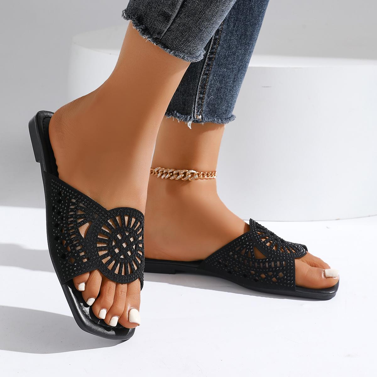 

Bohemian Hollow Out Breathable Slides Women Summer Solid Black Glitter Flat Heel Slippers Elegant Square Toe Sandals Size 43 43 чёрный