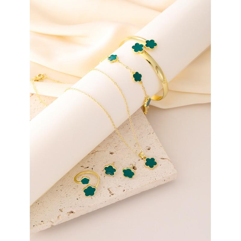 Elegante Juego de Joyería de Trébol de Cinco Hojas para Mujer Collar Pendientes Anillo Pulsera Brazalete Aleación Chapada Diseño Floral Minimalista