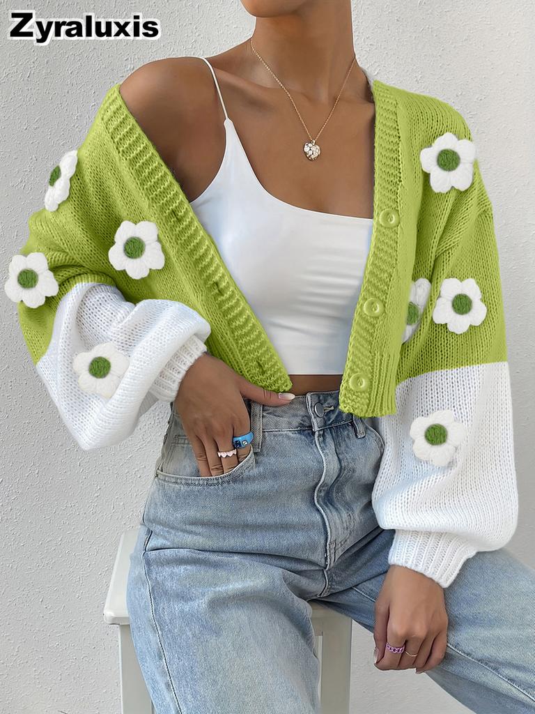 Vintage Knitted Overshirt, Solid Color Floral Element Knit Sweater
