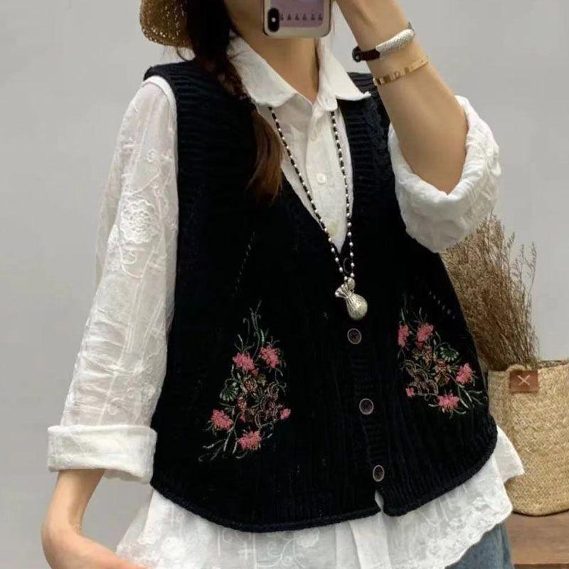 

Винтажная вышивка, вязаные жилеты, кардиган без рукавов, пуговицы, карманы, весенне-осенние пальто, дизайн жилета, трендовые жилеты L чёрный