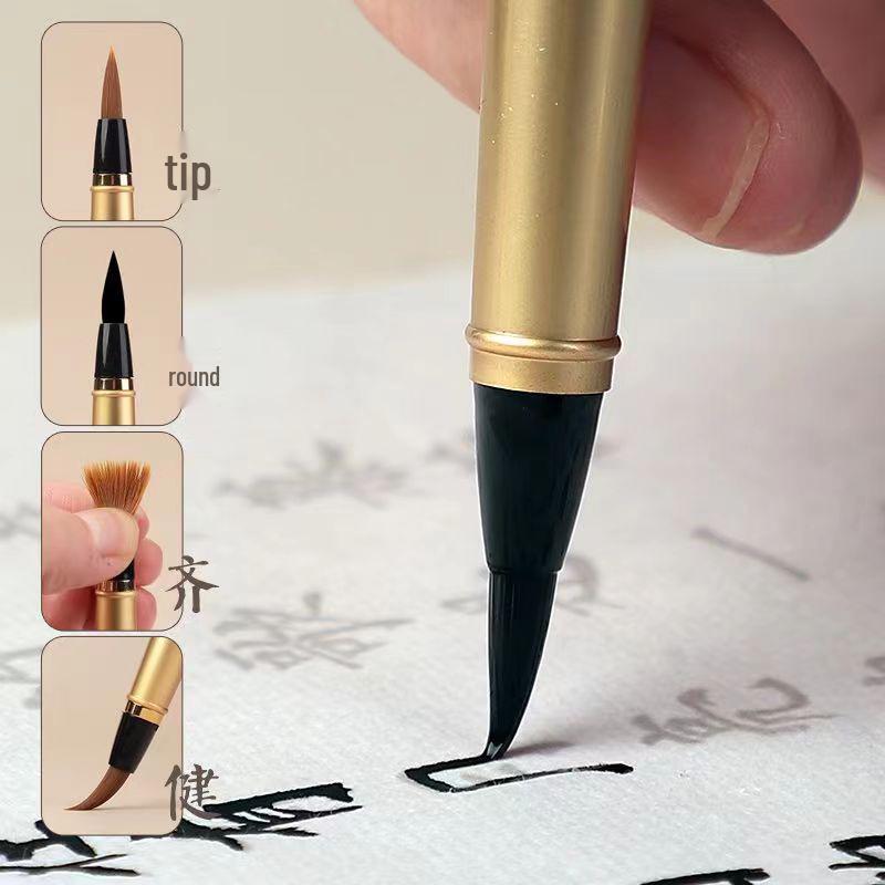 Sandalwood Calligraphy Brush Pen with Replaceable Ink and Nylon Soft Tip for Small Regular Script, Engraving Capable