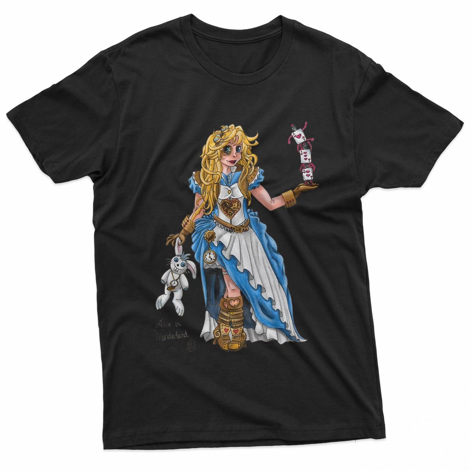 Steampunk Alice in Wonderland Fantasy Gothic Cosplay 100% Cotton T-shirt Mens Tees Top 2XL